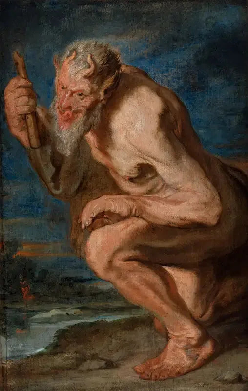 Marsyas knäböjande med en flöjt - Antoine van Dyck