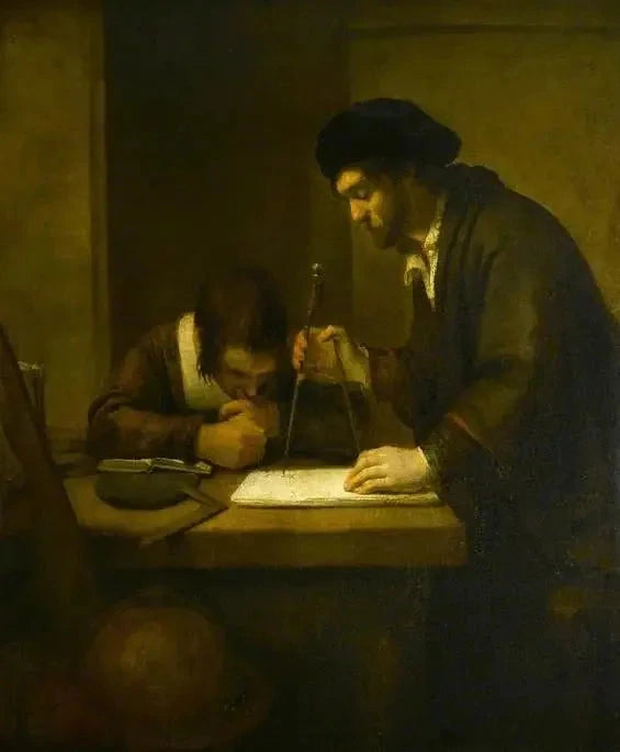 Matematikern, en lärd med delare och en vinkelhake vid ett bord i sitt kontor assisterad av en elev - Rembrandt