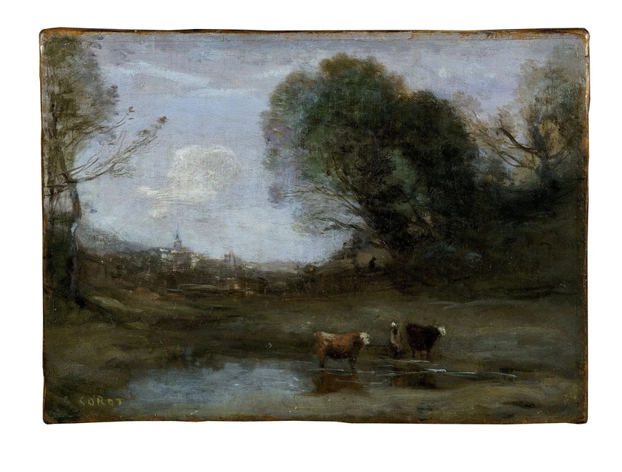 Morgon: Landskap med två kor och en silhuett - Jean-Baptiste Camille Corot