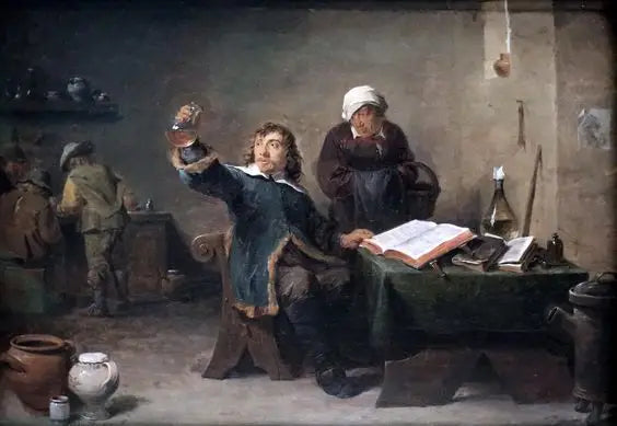 Landsbyläkare som undersöker ett urinprov - David Teniers den yngre