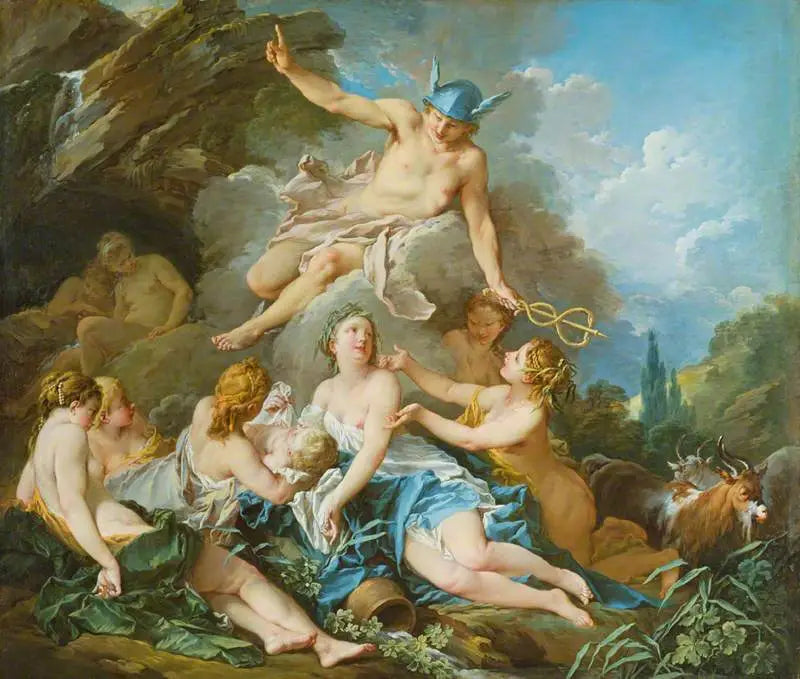 Mercure litar på barnet Bacchus till nymferna - François Boucher