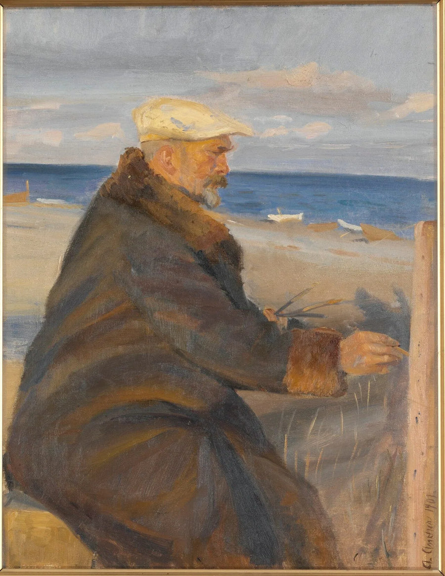 Michael Ancher målar på stranden (Michael Ancher tecknar på stranden) - Anna Ancher