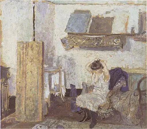 Sittande modell i en fåtölj, som fixar håret - Édouard Vuillard