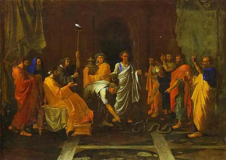 Mose som förvandlar Aarons stav till en orm - Nicolas Poussin