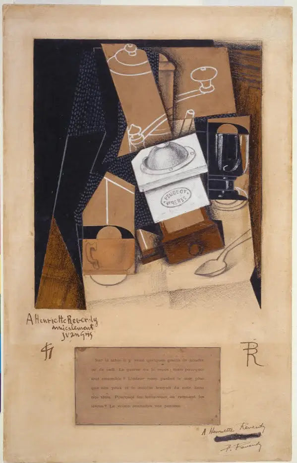 Kaffekvarn, kopp och glas på ett bord - Juan Gris