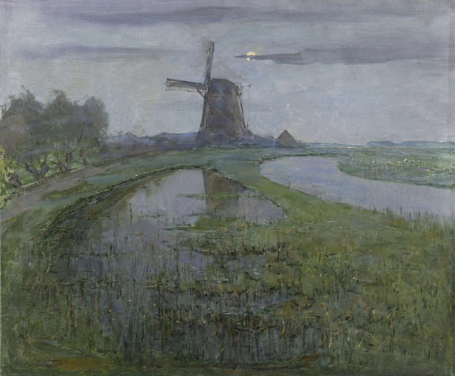 Oostzijdse kvarn längs Geinfloden i månsken - Piet Mondrian