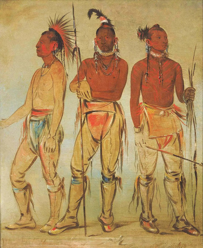 Mun-ne-pús-kee, Den som inte är rädd; Ko-ha-túnk-a, Stora Korpen; och Nah-cóm-ee-shee, Sängens Man, Tre unga krigare - George Catlin