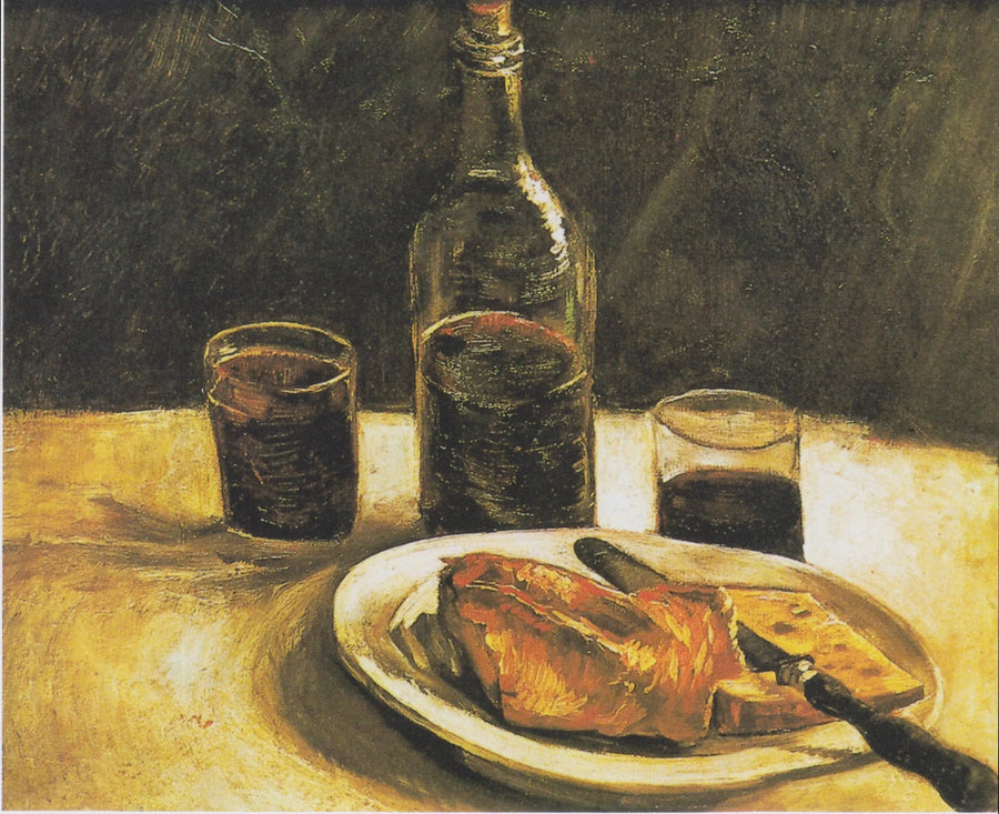 Stilleben med flaska, två glas, ost och bröd - Vincent van Gogh
