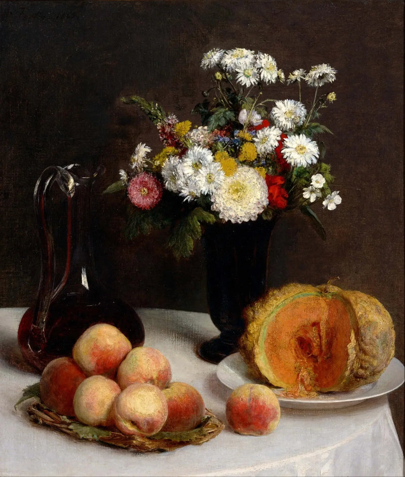Stillleben med karaff, blommor och frukter - Henri Fantin-Latour