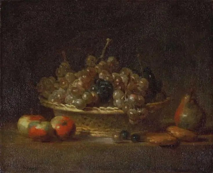 Still life med en korg med russin, tre äpplen, ett päron och två marsipanfigurer - Jean Siméon Chardin