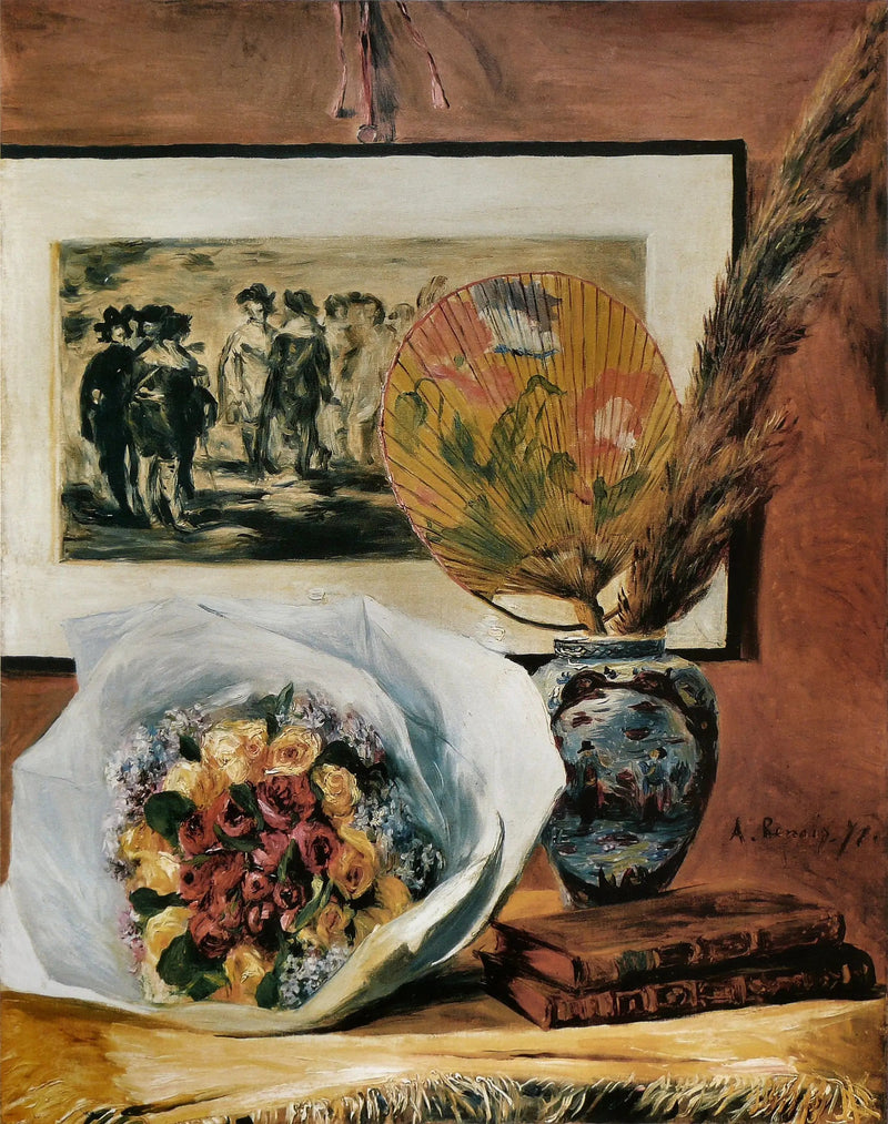 Stilleben med bukett och fläkt - Pierre-Auguste Renoir