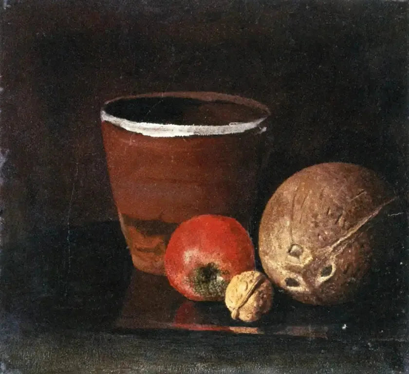 Stilleben med kruka, äpple, valnöt och kokosnöt - Edvard Munch