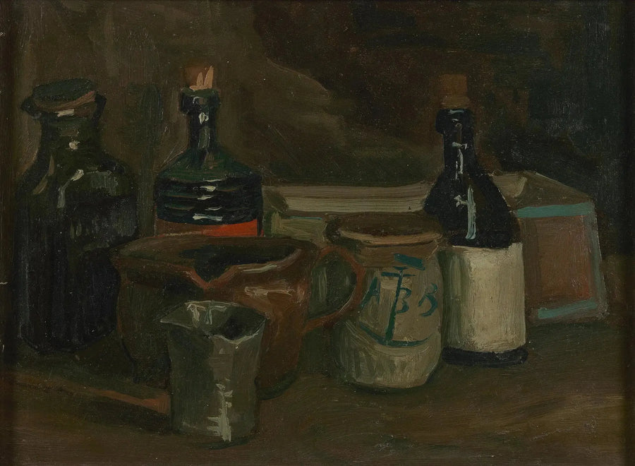 Stilleben med flaskor och fajans - Vincent van Gogh