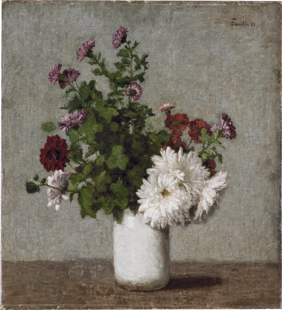 Stillleben med blommor: höstkrysantemum i en vit vas - Henri Fantin-Latour