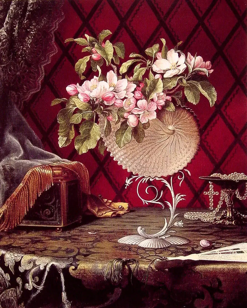 Stillleben med äppelblommande blommor i en nautilusskål - Martin Johnson Heade