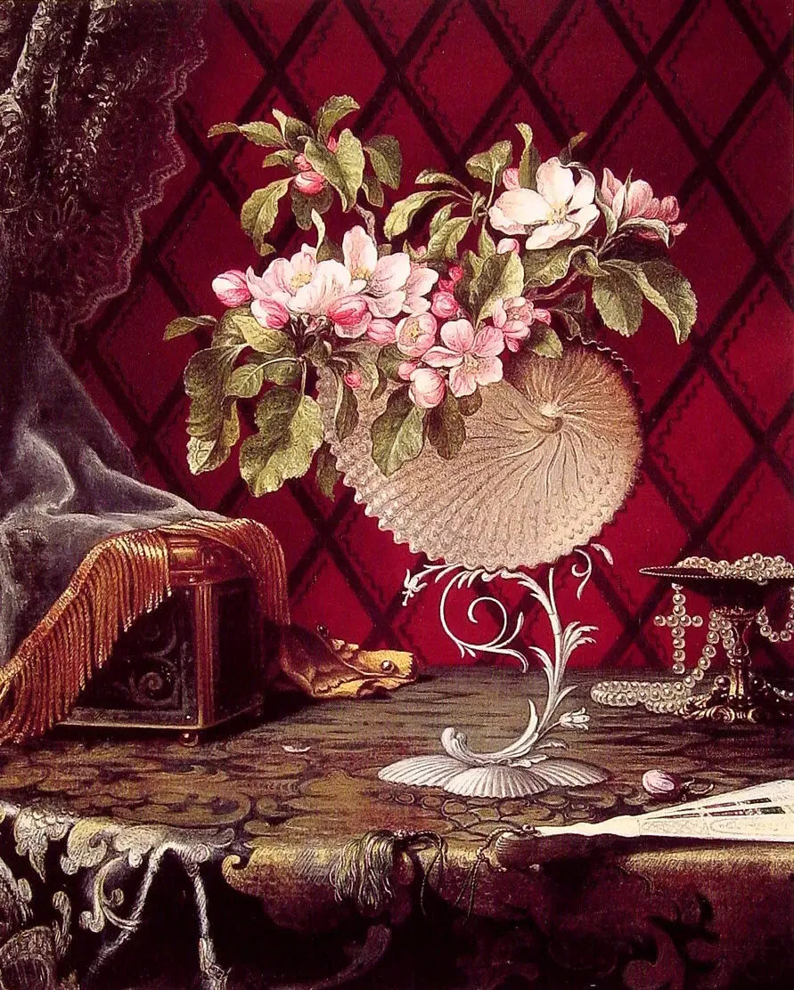 Stillleben med äppelblommande blommor i en nautilusskål - Martin Johnson Heade