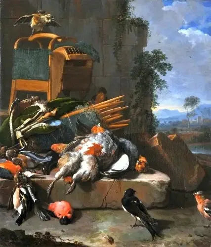Stillleben med fåglar (Jaktutrustning). - Melchior de Hondecoeter