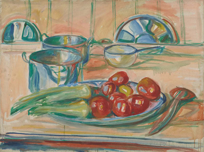 Stilleben med tomater, purjolök och kokkärl - Edvard Munch