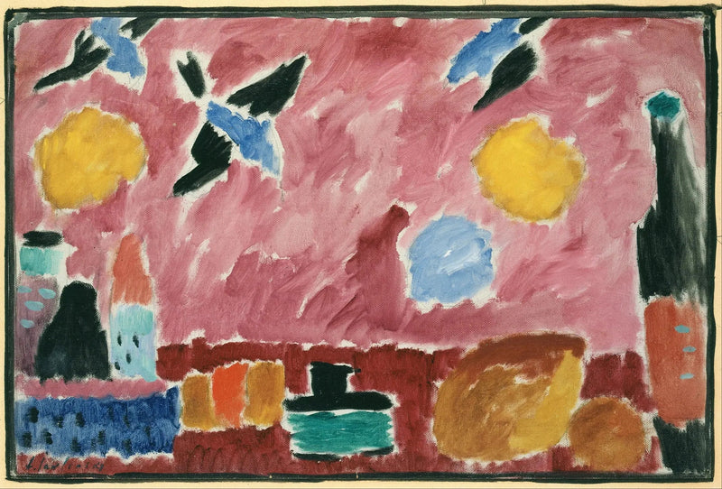 Stillleben med flaska, bröd och röd tapet med svalor - Alexej von Jawlensky