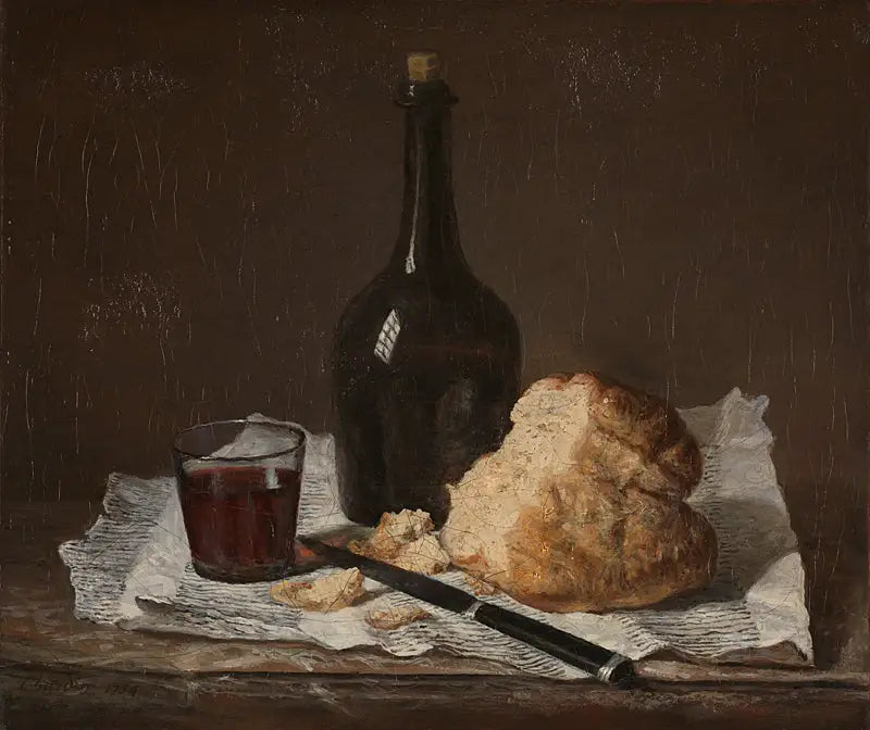 Still Life med flaska, glas och bröd - Jean Simeón Chardin