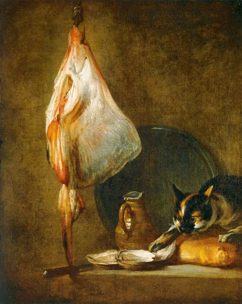 Död natur med katt och rocka - Jean Simeón Chardin
