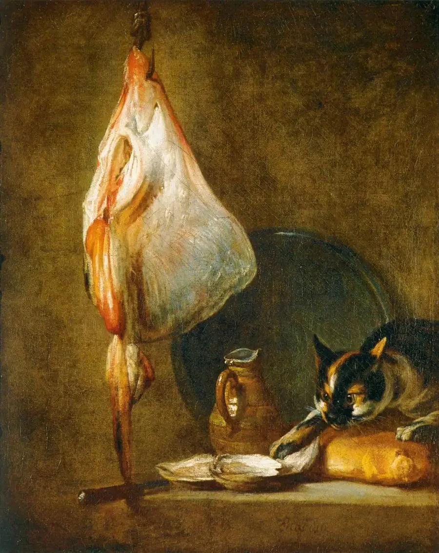 Död natur med katt och rocka - Jean Simeón Chardin