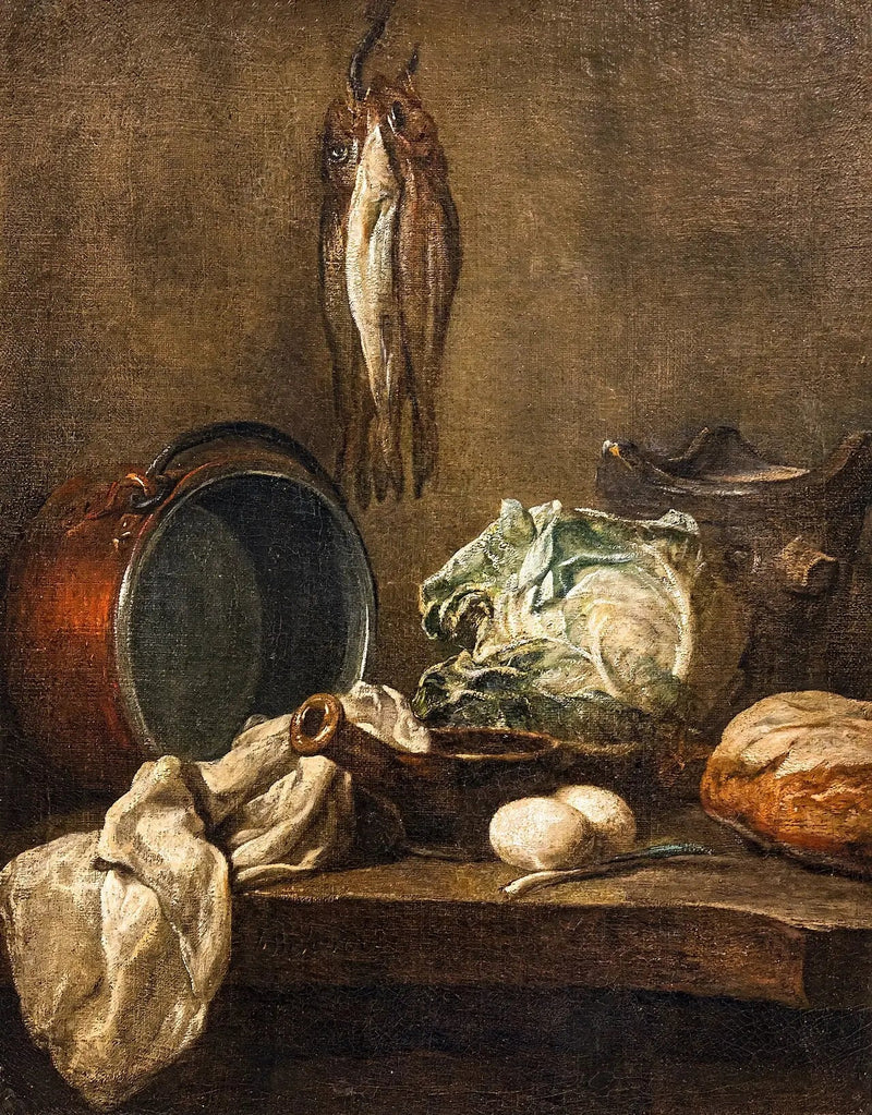 Död natur med gryta, kastrull, spis, kökshandduk, kål, två ägg, purjolök, bröd och tre sillar - Jean Simeón Chardin