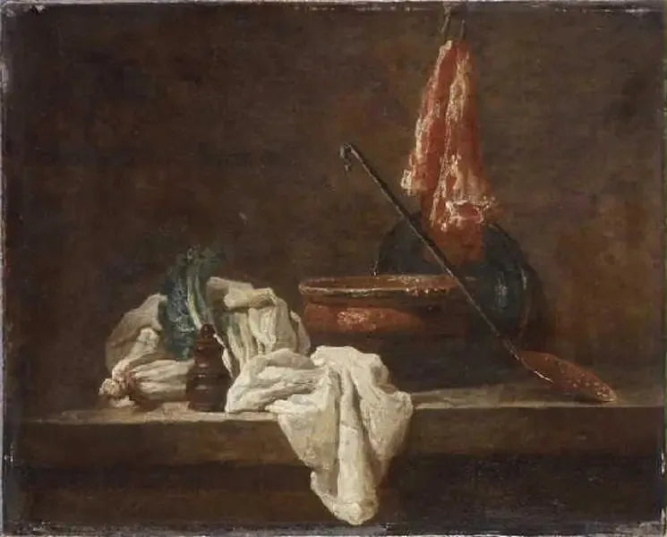 Död natur med två selleristjälkar, kryddburk, kökshandduk, terrin, fat, skumskrapa och köttstycke - Jean Simeón Chardin