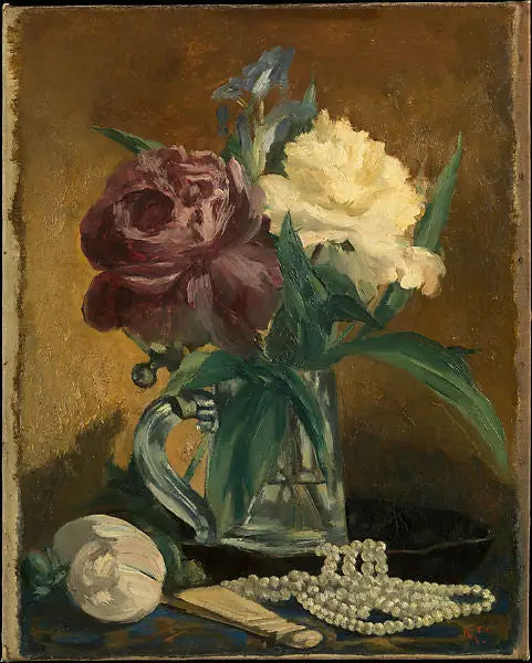 Stilleben med blommor, fläkt och pärlor - Édouard Manet