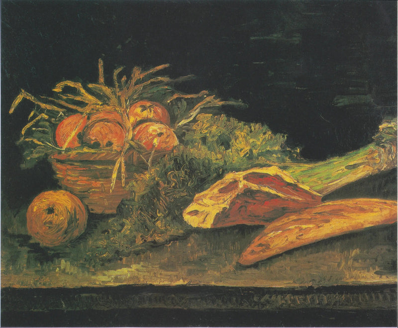 Stilleben med korg av äpplen, kött och småbröd - Vincent van Gogh