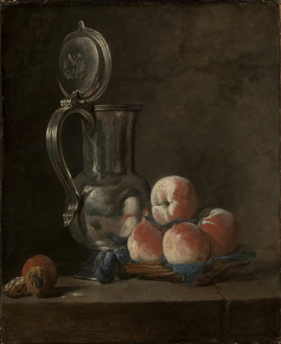 Still Life med en plåtkruka och persikor - Jean Simeón Chardin