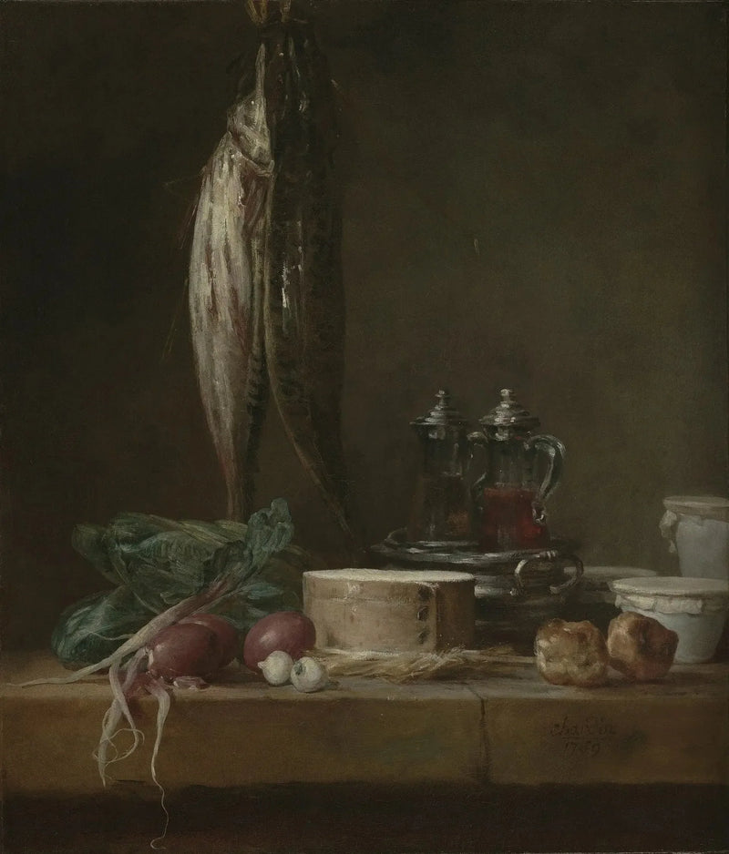 Död natur med fiskar, grönsaker, gougères, krukor och buretter på ett bord - Jean Siméon Chardin