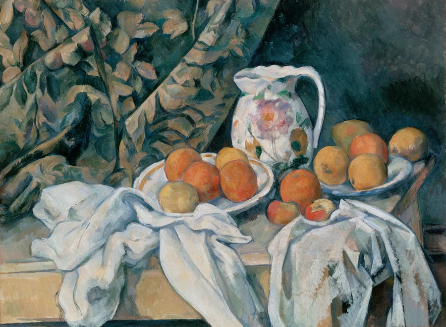 Stilleben med gardin och blommig kanna - Paul Cézanne