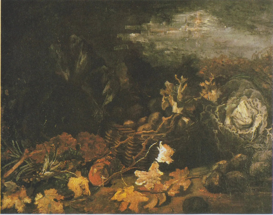 Stilleben med en korg potatis, omgiven av höstlöv och grönsaker - Vincent van Gogh