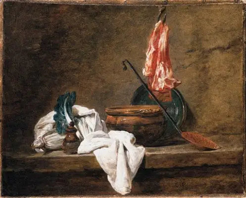 Still Life med en kökshandduk, en kastrull, en tallrik, en sil och kött på en krok - Jean Siméon Chardin