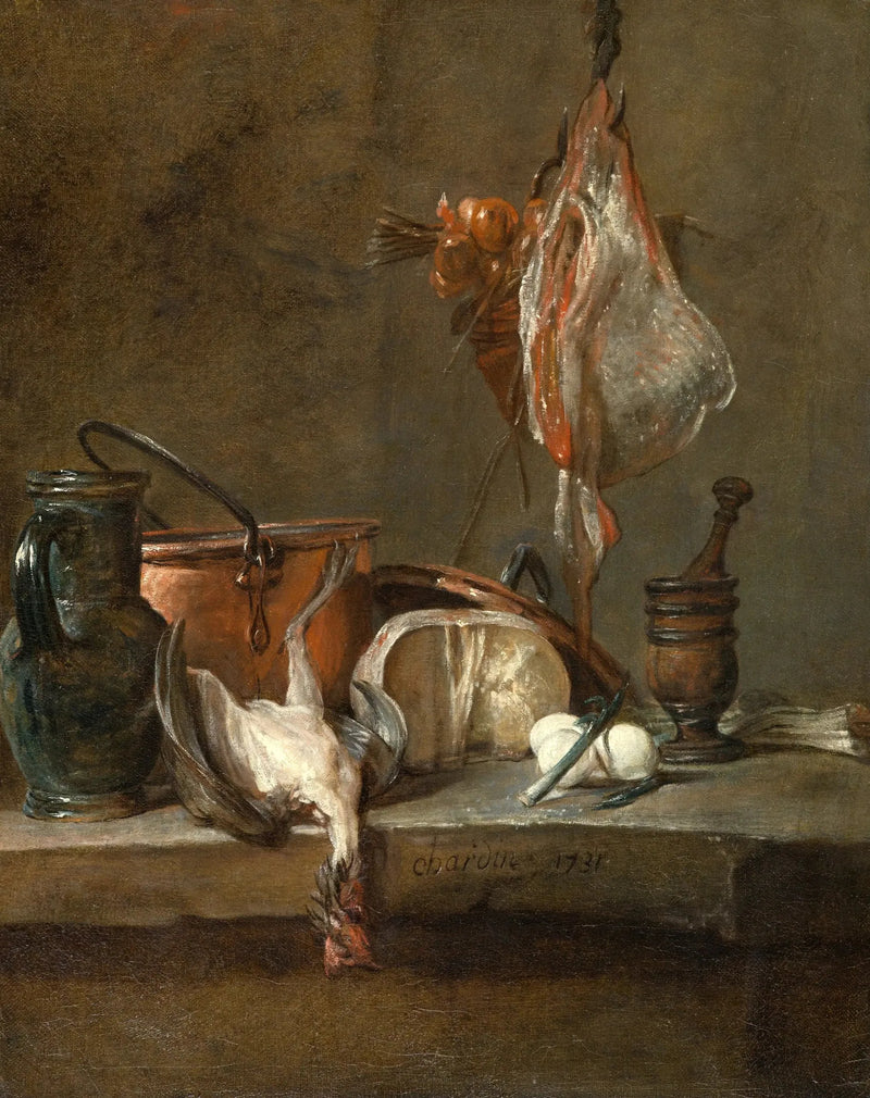Still Life med en rocka och en korg lökar - Jean Siméon Chardin