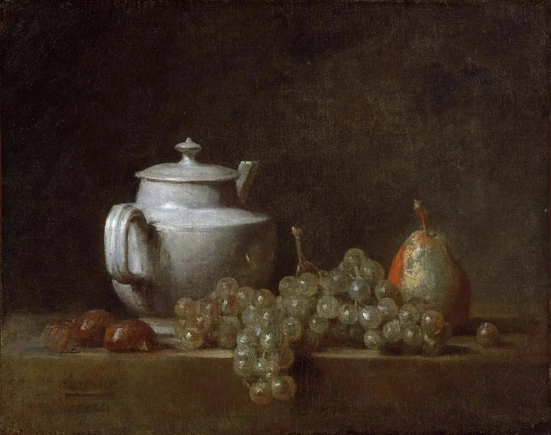 Stillleben med en tekanna, druvor, kastanjer och ett päron - Jean Simeón Chardin