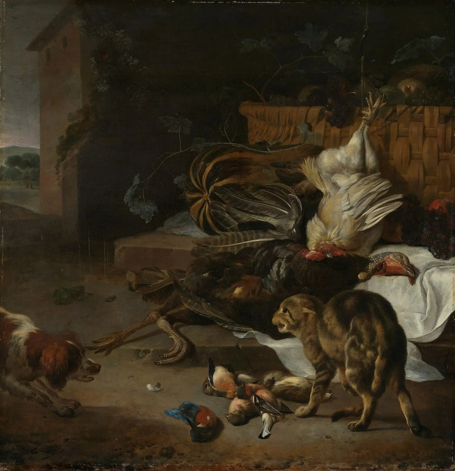 Död natur med fågel och frukt - Melchior de Hondecoeter