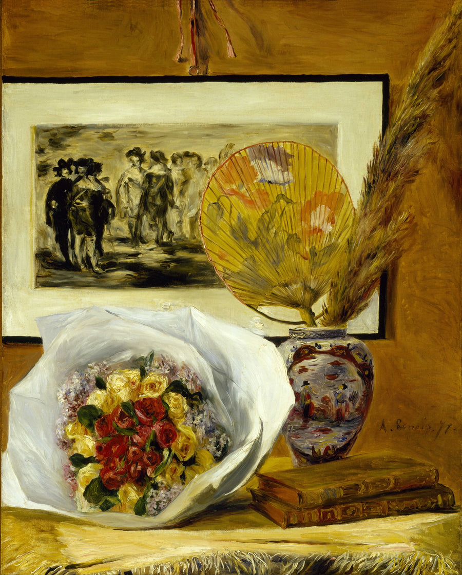 Stilleben med bukett och fläkt - Pierre-Auguste Renoir