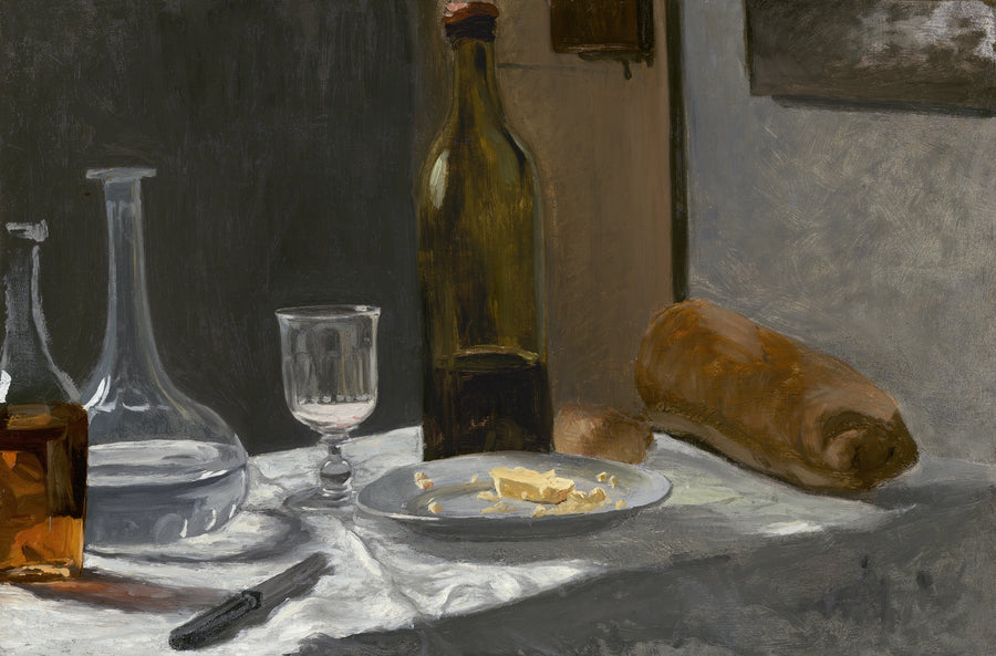 Stilleben med flaska, karaff, bröd och vin W13 - Claude Monet