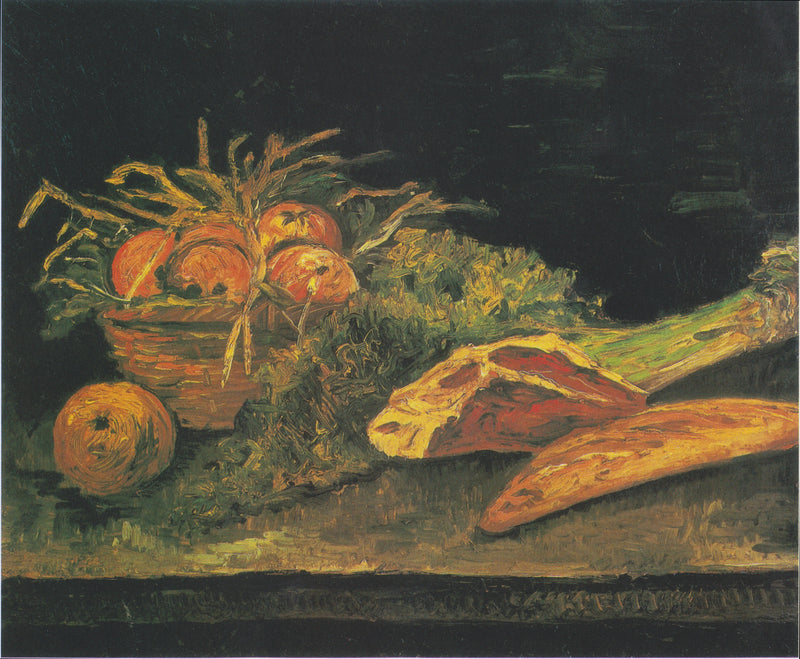 Stilleben med korg av äpplen, kött och småbröd - Vincent van Gogh