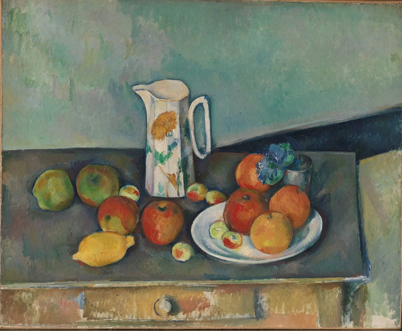 Stilleben, mjölkkanna och frukter på ett bord - Paul Cézanne
