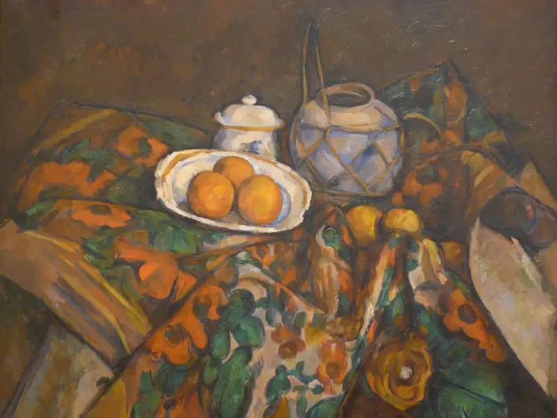 Stilleben, ingefärskruka, sockerlåda och apelsiner - Paul Cézanne