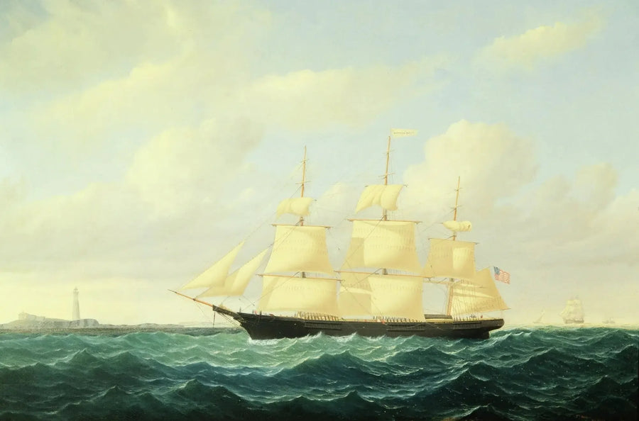 Clipperfartyg med vågor utanför Boston fyr - William Bradford