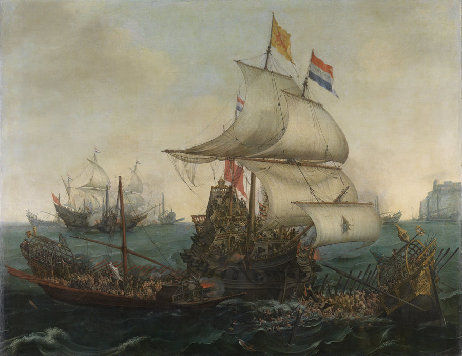 Des navires hollandais naviguent sur des galères espagnoles au large des côtes anglaises, le 3 octobre 1602. - Hendrick Cornelisz Vroom