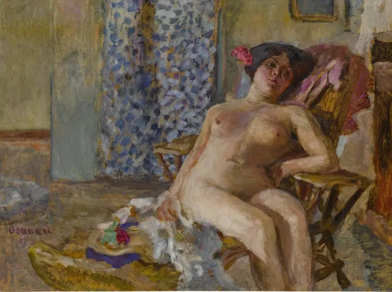 Nu sitter, Blommor i håret (Studie av naken) - Pierre Bonnard
