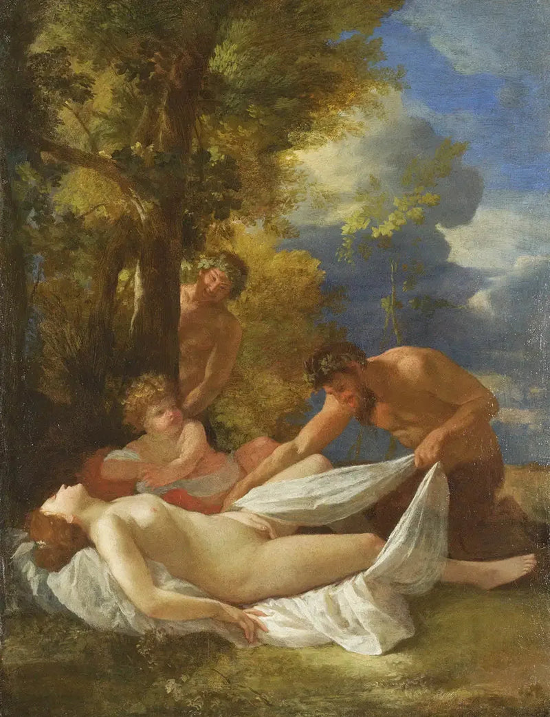 Den sovande nymfen överraskad av satyrer - Nicolas Poussin