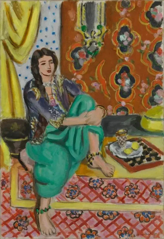 Sittande odalisque, vänster knä böjt, ornamentell bakgrund och rutmönster - Henri Matisse