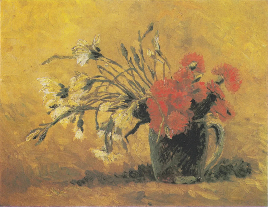Vas med röd och vit nejlika på gul bakgrund - Vincent van Gogh