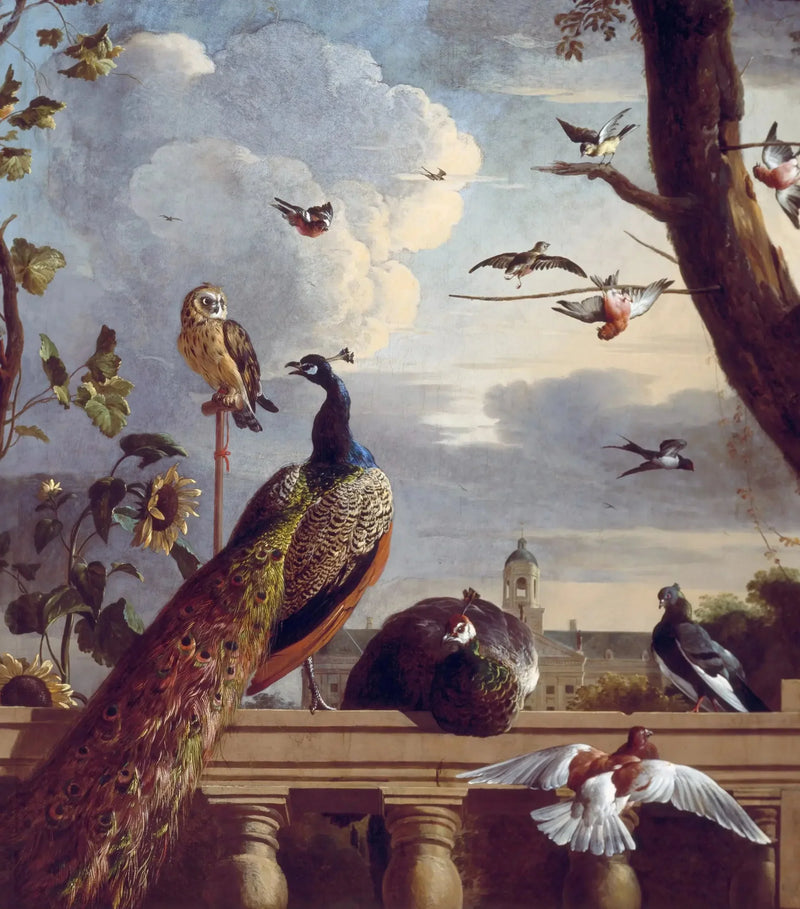 Fåglar runt en balustrad, med Amsterdams rådhus i bakgrunden, 1670 - Melchior de Hondecoeter